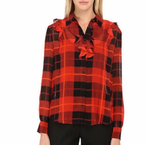 KATE SPADE Women's Red Plaid Ruffle Long Sleeve Silk Blouse Size 4 - Picture 1 of 15